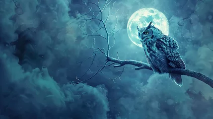 Fototapeten Solitary owl on branch, classic oil painting look, moonrise backdrop, contemplative solitude, cool blues.  © Thanthara