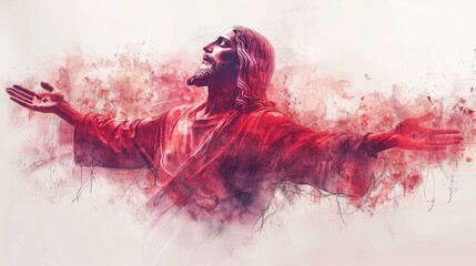 Abstract image of Jesus with arms outstretched in a red-hued embrace, soft tones, fine details, high resolution, high detail, 32K Ultra HD, copyspace, watercolor hand drawn