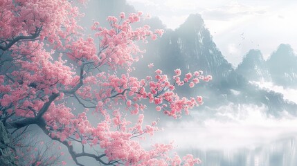 Alpine pink flowers bloom against the misty backdrop of a majestic mountain, soft tones, fine details, high resolution, high detail, 32K Ultra HD, copyspace, watercolor hand drawn