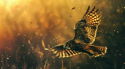 Fotobehang Hunting owl at dawn, dynamic oil painting effect, swift descent, golden hour light, vibrant action scene.  © Thanthara