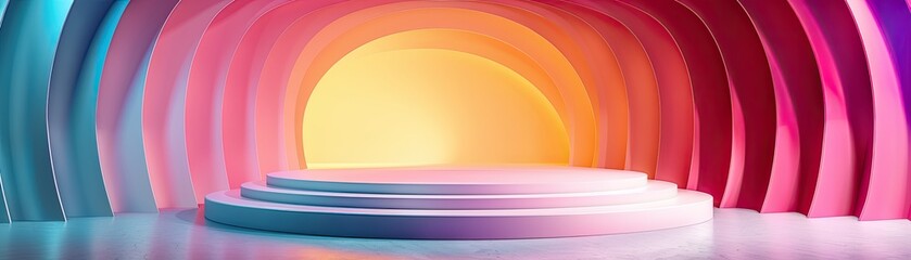 Bright abstract curves shaping a podium with a multicolored floor, soft tones, fine details, high resolution, high detail, 32K Ultra HD, copyspace