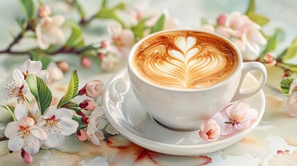 Cappuccino with intricate latte art and spring blossoms, soft tones, fine details, high resolution, high detail, 32K Ultra HD, copyspace, watercolor hand drawn - obrazy, fototapety, plakaty