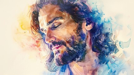 Artistic portrait of a contemplative Jesus in watercolor strokes, soft tones, fine details, high resolution, high detail, 32K Ultra HD, copyspace, watercolor hand drawn - obrazy, fototapety, plakaty