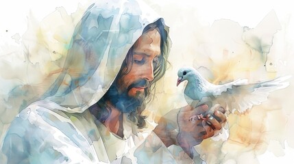 Christ figure in white robes tenderly holding a dove, watercolor style, soft tones, fine details, high resolution, high detail, 32K Ultra HD, copyspace, watercolor hand drawn - obrazy, fototapety, plakaty