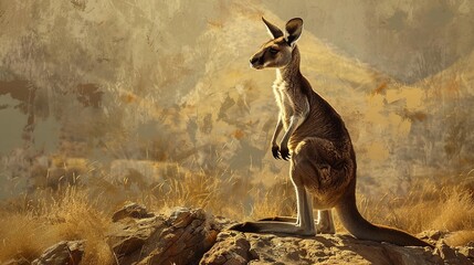 Solitary kangaroo, oil paint effect, rugged terrain, thoughtful gaze, muted earth tones, quiet solitude. - obrazy, fototapety, plakaty