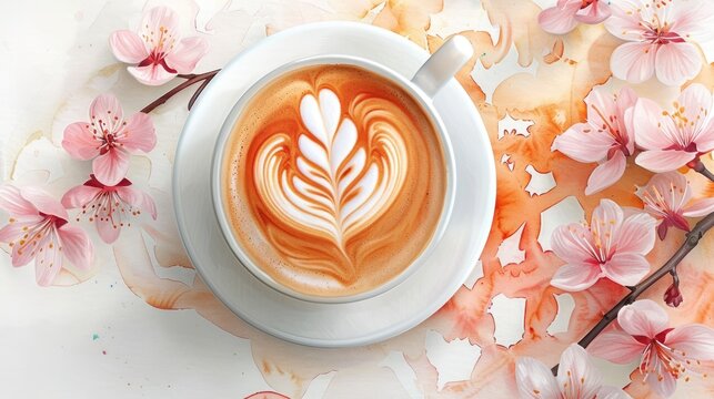 A cup of latte with intricate heart-shaped latte art, surrounded by delicate cherry blossoms on a soft pastel background