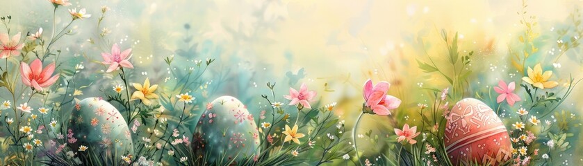 Idyllic springtime scene with Easter eggs among blooming flowers, soft tones, fine details, high resolution, high detail, 32K Ultra HD, copyspace, watercolor hand drawn