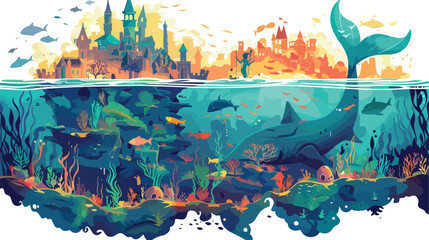 An underwater scene with a sunken city 