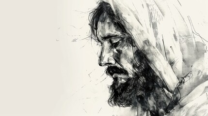 Intense black and white sketch of a contemplative Jesus, soft tones, fine details, high resolution, high detail, 32K Ultra HD, copyspace, watercolor hand drawn