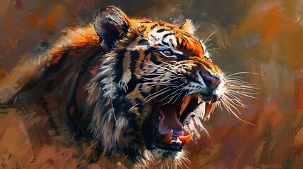 Fierce tiger mid-roar, oil paint effect, powerful expression, dramatic lighting, deep oranges, intense focus.