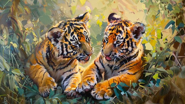 Playful tiger cubs, classic oil painting look, soft sunlight, joyful antics, lush foliage, vibrant scene. 