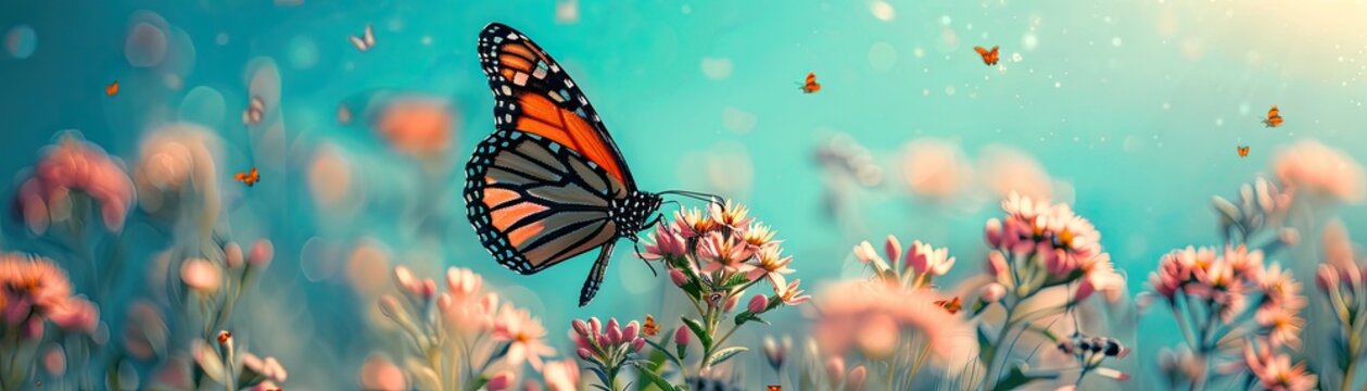 Monarch butterflies fluttering in a vibrant teal sky among delicate flowers, soft tones, fine details, high resolution, high detail, 32K Ultra HD, copyspace