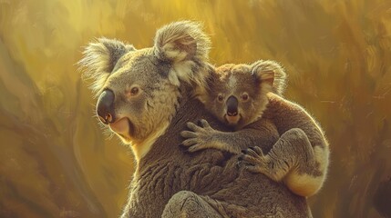 Mother koala with joey on back, classic oil painting look, protective journey, warm sunlight, tender care.  - obrazy, fototapety, plakaty