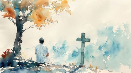 Watercolor artwork depicting a man kneeling before a cross, illustrating faith and reflection, soft tones, fine details, high resolution, high detail, 32K Ultra HD, copyspace, watercolor hand drawn