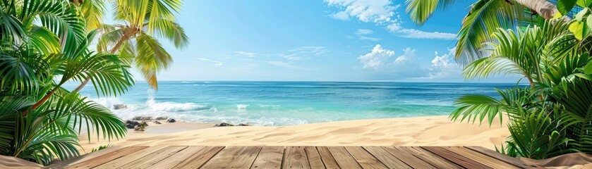Fototapeta premium A tropical beach with clear blue water, palm trees framing the view of the horizon