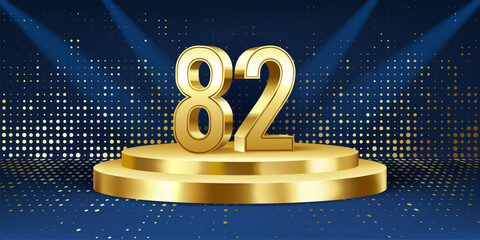 82nd Year anniversary celebration background. Golden 3D numbers on a golden round podium, with lights in background.