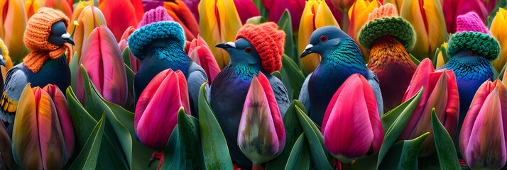 Whimsical World: Pigeons in Winter Clothes Perched on Surreal, Colossal Tulips