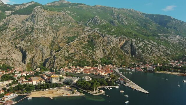 Aerial view of Kotor old city in Bay of Kotor, Boka Kotorska, Montenegro, 4k