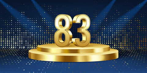 83rd Year anniversary celebration background. Golden 3D numbers on a golden round podium, with lights in background.