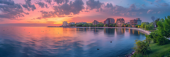 Serene Sunset at Owen Sound: A Beautiful Blend of Urban Life and Natural Beauty - obrazy, fototapety, plakaty