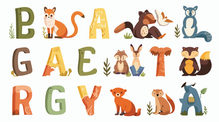 Animal alphabet flashcard for children. flat vector 