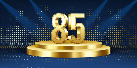85th Year anniversary celebration background. Golden 3D numbers on a golden round podium, with lights in background.