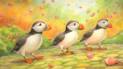 Naklejka premium Puffins water color,puffins, puffin, bird, walked on the grass, cute bird, water color