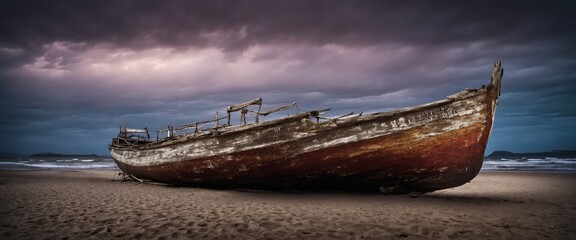 Un vieux bateau en bois échoué sur une plage de sable fin, témoin silencieux du temps qui passe, ses planches usées racontent des histoires de voyages lointains et d'aventures oubliées.