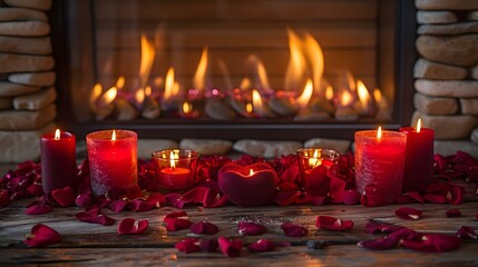 Romantic Fireplace with Candles and Rose Petals. Concept Romantic Settings, Fireplace Decor, Candlelit Ambiance, Intimate Photography - obrazy, fototapety, plakaty