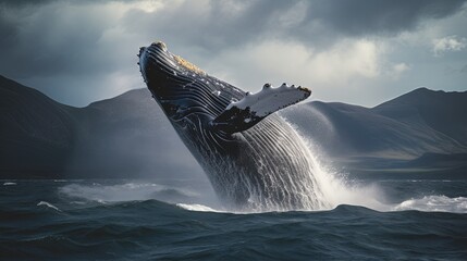 Fototapeta premium A stunning poster depicting a humpback whale in its natural environment. Huge jump of a humpback whale. Generative AI