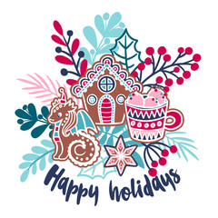 Happy new year Vector illustration of cartoon dragon, gingerbread house, tree. Merry Christmas greeting card. T-shirt composition, kids print
