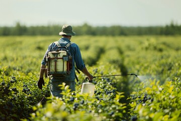 Farmer meticulously using a pesticide, insecticide and herbicide sprayer in a vibrant blueberry farm during the tranquil springtime, before the onset of blooming - obrazy, fototapety, plakaty