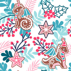 Happy new year and Merry Christmas pattern with  cartoon dragon, tree. Design, wallpaper, textiles, packaging, seamless print
