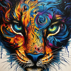 A tiger's face, with blue eyes, and a colorful abstract background, The tiger is looking at the viewer with a calm expression. The background is a bright mix of colors, with a blue swirl in the center