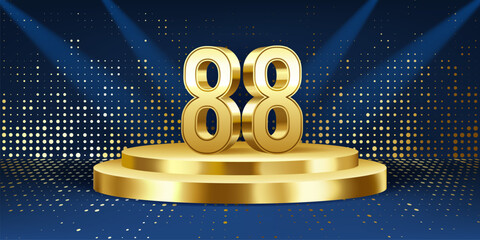 88th Year anniversary celebration background. Golden 3D numbers on a golden round podium, with lights in background.