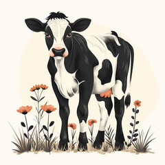 Eid al-Adha card template: Poster design featuring a cartoon cow, decorated with Islamic motifs, celebrating the Muslim holiday with an illıstration style