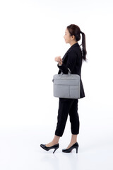 Beautiful portrait young business asian woman holding a briefcase isolated white background,...
