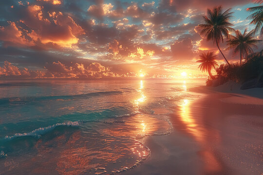 sunset paradise: a breathtaking view of the sun setting over a tranquil tropical beach with palm trees and serene waves