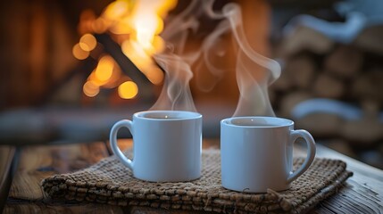 Fototapeta na wymiar Warm Mugs by Hearth: A Serene Country Retreat. Concept Cozy Atmosphere, Rustic Decor, Hot Cocoa, Relaxing Ambiance