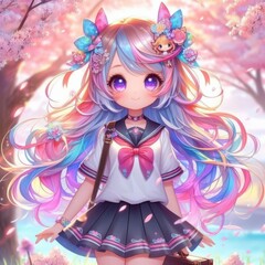 Anime girl illustration standing in front of tree with pink flowers.