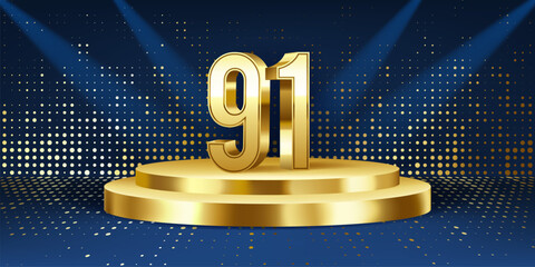 91st Year anniversary celebration background. Golden 3D numbers on a golden round podium, with lights in background.