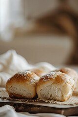 Golden-brown dinner rolls on a wooden board, soft and fresh.