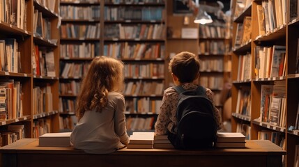 two children sitting in a bookstore, looking at shelves filled with books, and talking about the books, back to school concept.