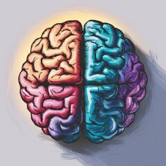 Cartoon drawing of a colourful brain close up so you can see the lines and veins. View from above