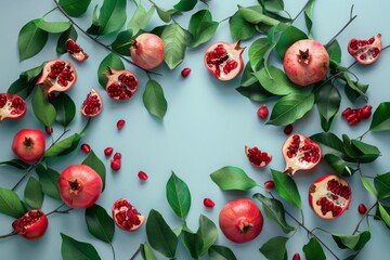 Mockup with pomegranates and branches, free space for text in the middle. Ripe juicy pomegranates, berries and seeds, elegant tree branches with leaves, blue table, top view flat lay. - 785779301