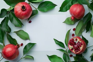 Horizontal mockup with pomegranates and free space for text in the middle. White sheet of blank paper, bright juicy pomegranate, pomegranate seeds and berries, white table, top view flat lay. - 785779303