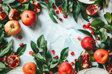 Mockup with pomegranates, apples and branches with plates, free space for text in the middle. Ripe juicy pomegranates, berries and seeds, elegant tree branches with leaves, top view flat lay. - 785779305