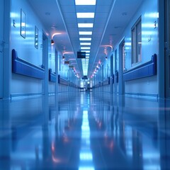 Obraz premium The interior waiting room hallway of the hospital is slightly dim, clean and well maintained. With objects of employees passing by motion blur. Great for business, health, services etc