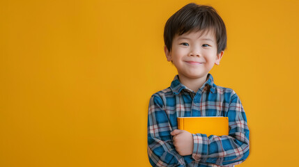 Young happy dreamy charming asian boy smile hug book isolated on yellow color background