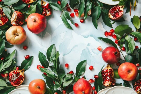 Mockup with pomegranates, apples and branches with plates, free space for text in the middle. Ripe juicy pomegranates, berries and seeds, elegant tree branches with leaves, top view flat lay.